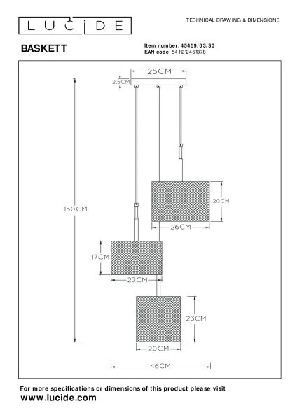 Lucide BASKETT - Pendelleuchten - 3xE27 - Schwarz - technisch